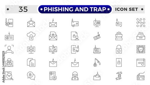 Phishing and Trap outline icon set. Guard, cyber security, password, smart home, safety, data protection, key, shield, lock, unlock, eye access.