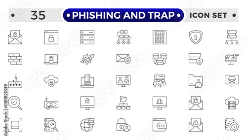 Phishing and Trap outline icon set. Guard, cyber security, password, smart home, safety, data protection, key, shield, lock, unlock, eye access.