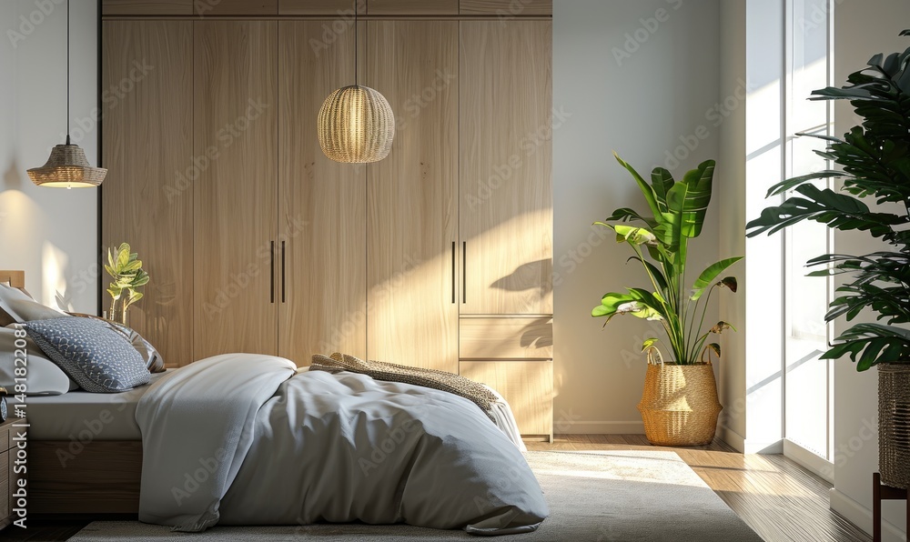 Sunlit Modern Bedroom With Wooden Wardrobe And Plants