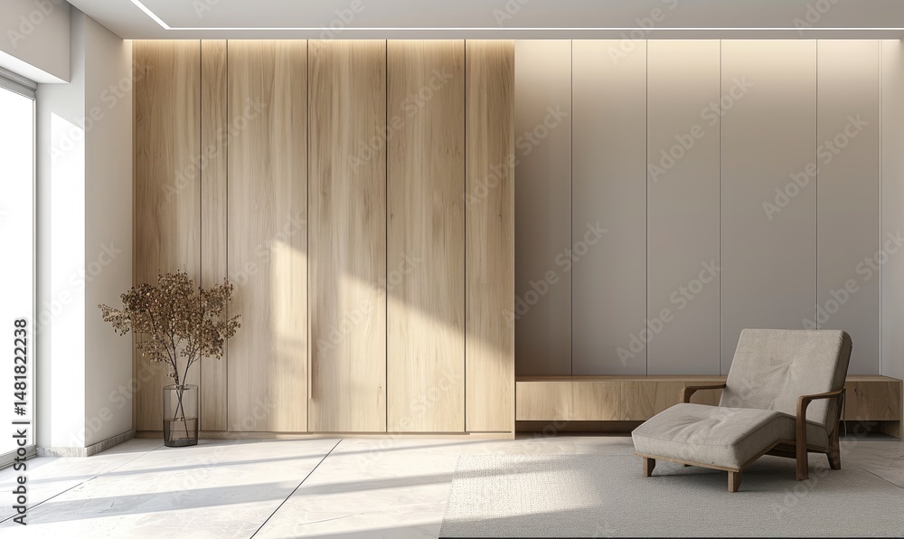 Minimalist living room with light wood paneling, a beige chaise lounge, and a neutral color palette