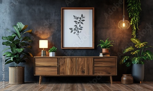 Obraz na płótnie Stylish modern living room features a dark wood sideboard adorned with plants and a framed botanical print w salonie