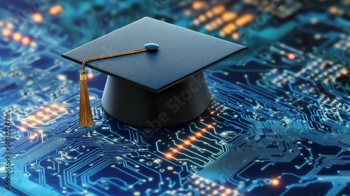 Graduation mortarboard on futuristic circuit board background: symbolizing technology education artificial intelligence learning online degree digital skills and computer science innovation 