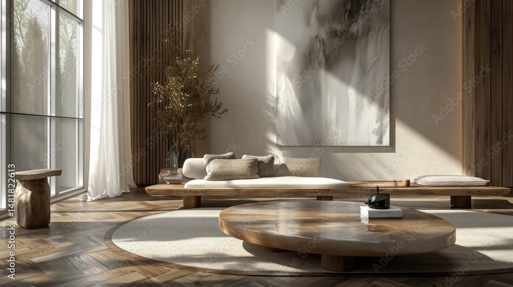Minimalist living room with a low wooden platform sofa, a round coffee table, and a large abstract painting