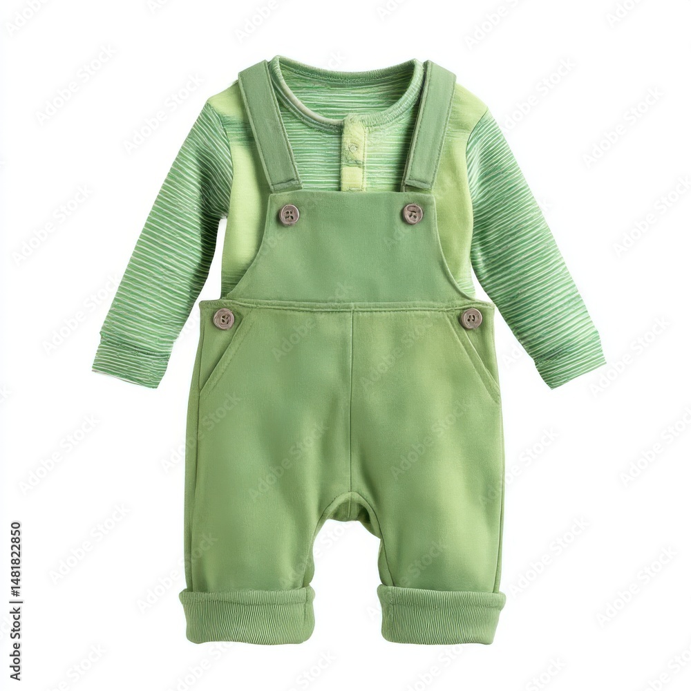 Naklejka premium Green baby dungaree with inner shirt - isolated on white background 