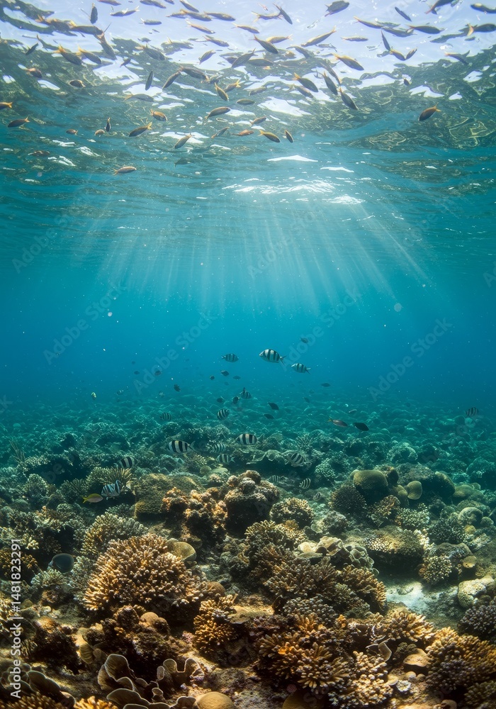 Fototapeta premium Underwater Photo of Coral Reef With Fish and Sunrays