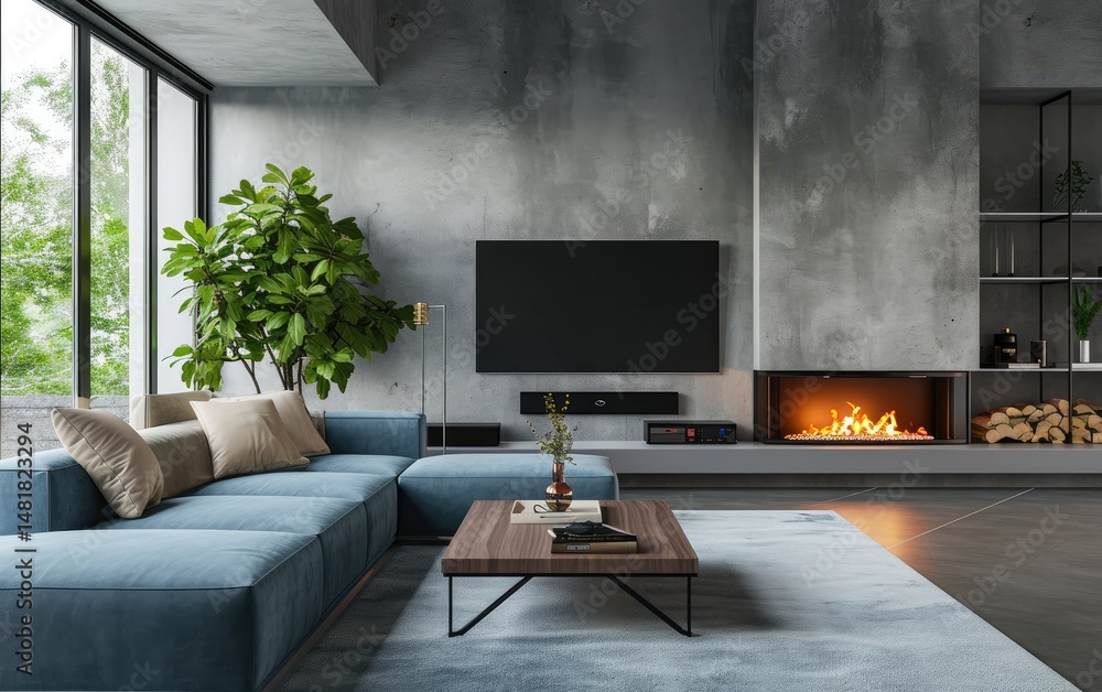 Stylish modern living room with a blue sectional sofa, a fireplace, a large window with greenery views, and a contemporary design aesthetic.