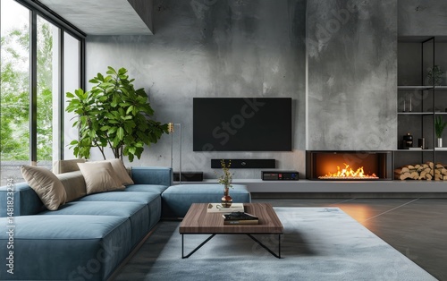 Stylish modern living room with a blue sectional sofa, a fireplace, a large window with greenery views, and a contemporary design aesthetic.