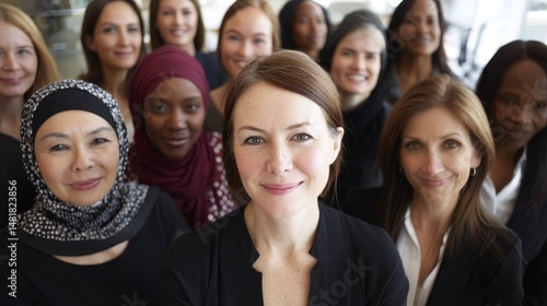 Diverse women gather together, smiling and showcasing their unity. Soft lighting enhances their expressions, highlighting the strength in their shared experiences
