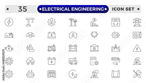 Electrical Engineering outline Icons set. Vector illustration in modern thin line style of technologies related icons: blueprint, engineer, manufacturing, and more.