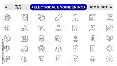 Electrical Engineering outline Icons set. Vector illustration in modern thin line style of technologies related icons: blueprint, engineer, manufacturing, and more.