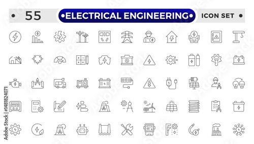 Electrical Engineering outline Icons set. Vector illustration in modern thin line style of technologies related icons: blueprint, engineer, manufacturing, and more.
