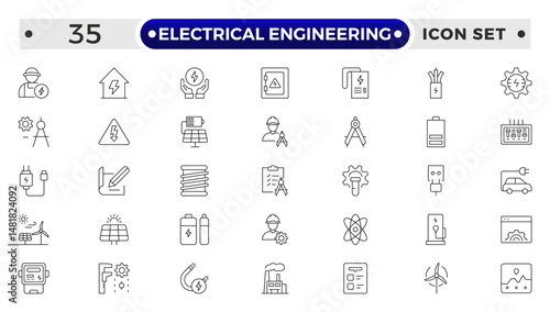 Electrical Engineering outline Icons set. Vector illustration in modern thin line style of technologies related icons: blueprint, engineer, manufacturing, and more.