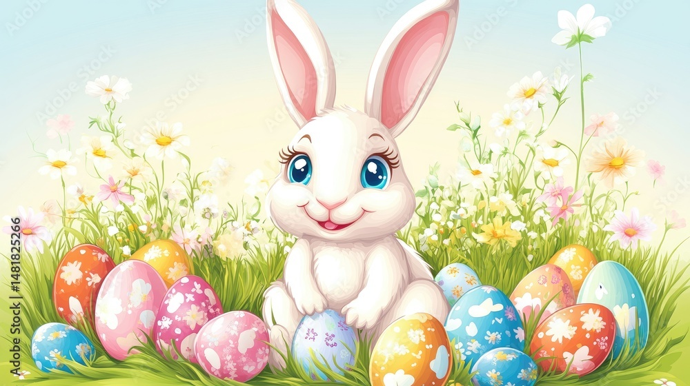 Obraz premium Smiling white rabbit surrounded by colorful Easter eggs and flowers.