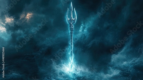 Trident Of The Sea King. Fantasy Weapon Rises From Stormy Ocean.