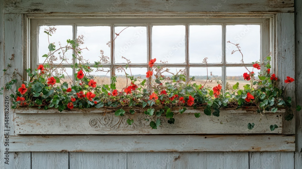 Fototapeta premium Rustic window box with vibrant flowers