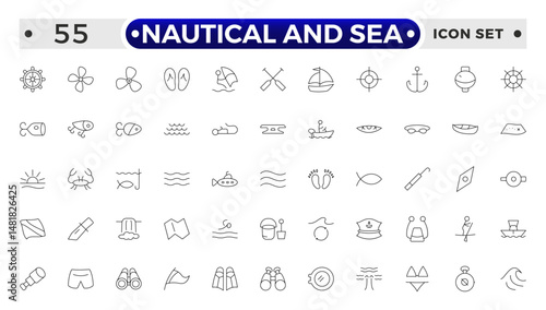 Nautical and sea web icons in outline style. thin line icons such as wind rose, oars, suroard, marine, double bait, buoy, submarine facing right, caravel, Smeaton's tower, old galleon.