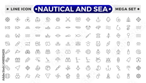 Nautical and sea web icons in outline style. thin line icons such as wind rose, oars, suroard, marine, double bait, buoy, submarine facing right, caravel, smeaton's tower, old galleon.