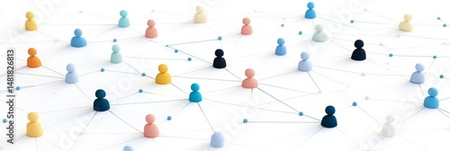 Connected pastel figures isometric social network illustration dots and lines represents communication and modern technology clean background 