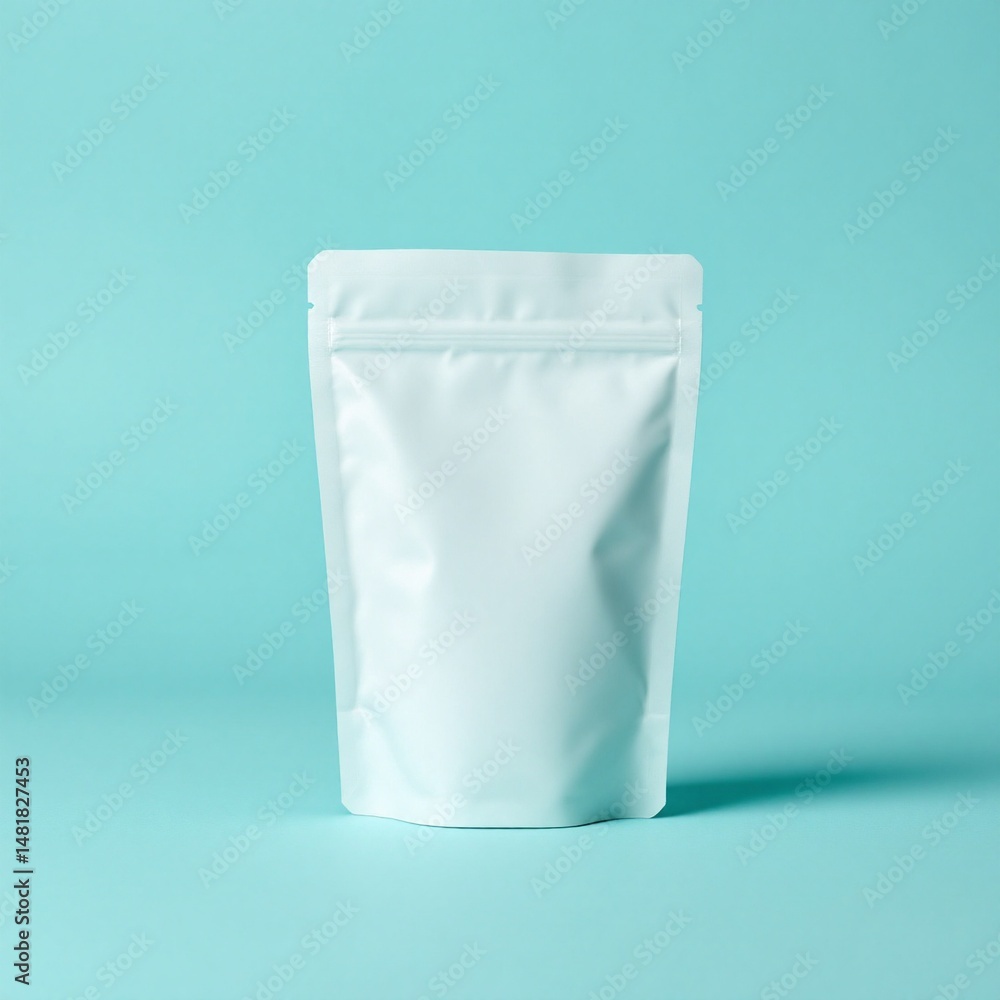 White pouch on a cyan studio background. Clean and commercial setup ideal for packaging mockups or food branding use. White pouch on a cyan studio background. Clean and commercial setup ideal for packaging mockups or food branding use.