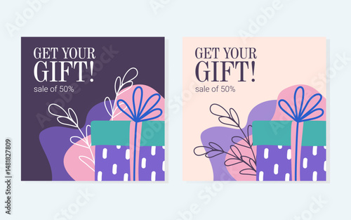 Colorful abstract background with gift box illustration. Ideal for social media posts and banners