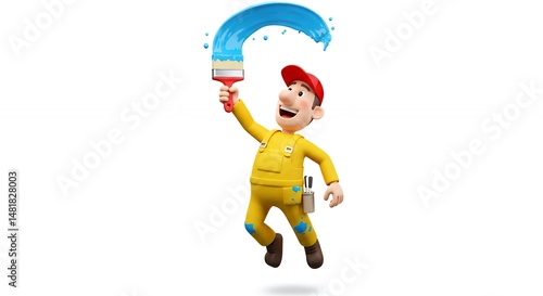 Cartoon painter character jumping with paintbrush