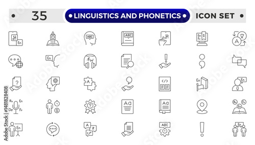 linguistics and phonetics outline icon set with language, phonetic, phonology, morphology, syntax, semantic, pragmatic, cognitive, grammar, neural linguistic, computational, parsing, and descriptive.