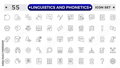 linguistics and phonetics outline icon set with language, phonetic, phonology, morphology, syntax, semantic, pragmatic, cognitive, grammar, neural linguistic, computational, parsing, and descriptive.