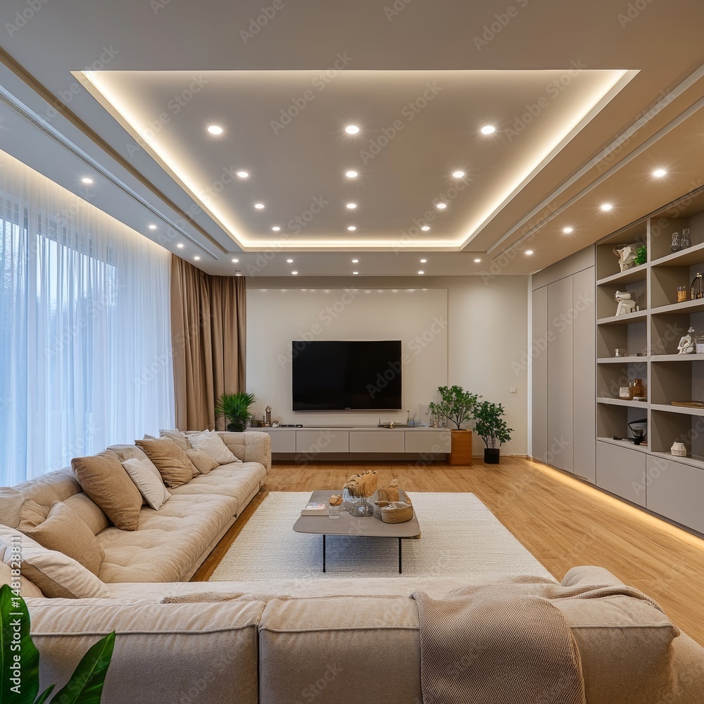 Fototapeta premium Modern Living Room with Recessed Lighting and Minimalist Decor