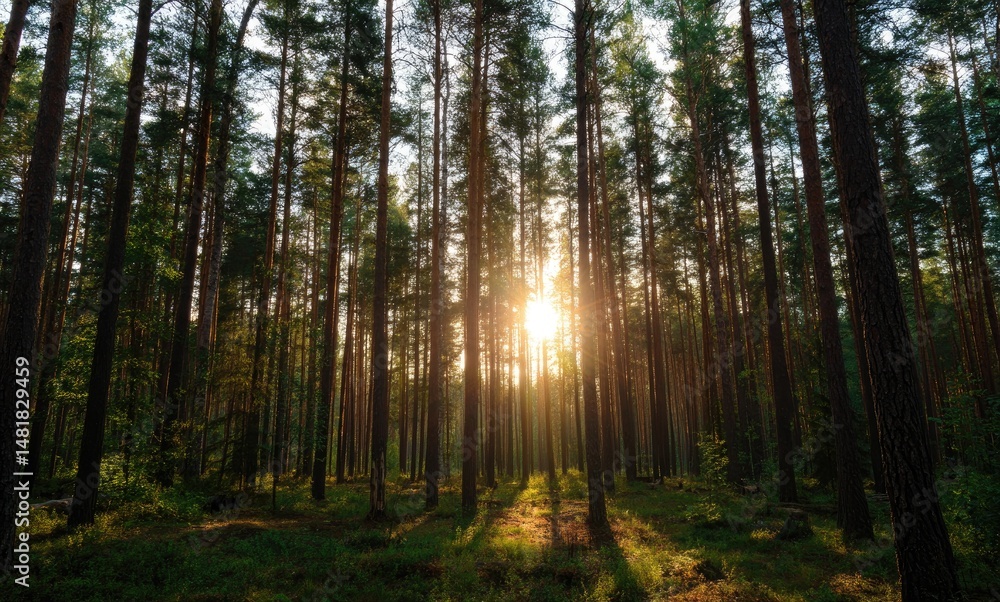 Obraz premium Sun Sets Through Treetops in Deep Forest