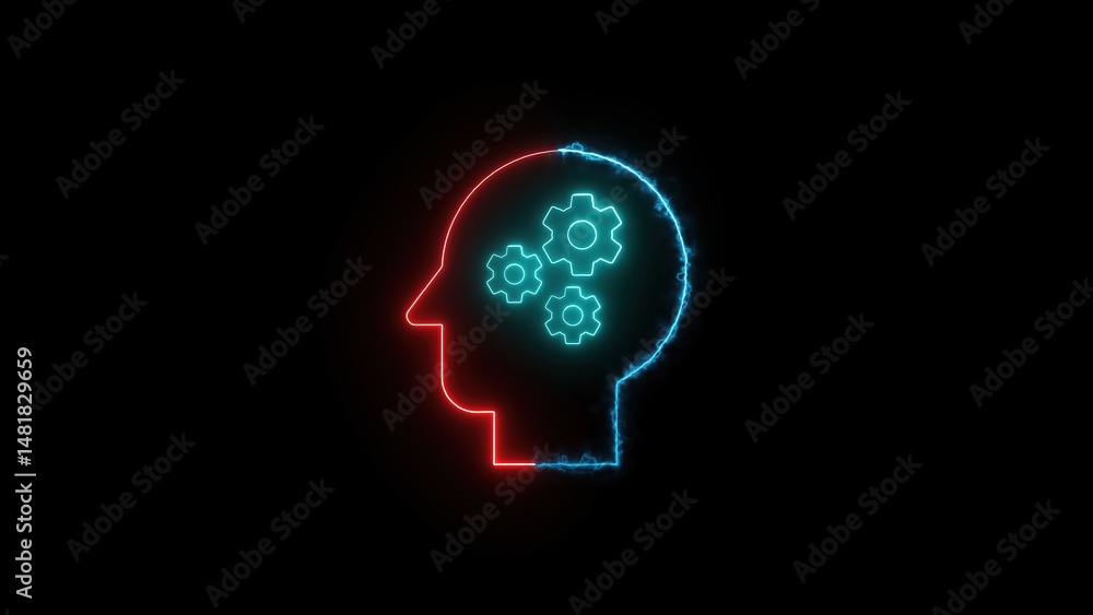 Glowing neon silhouette of a head with gears illustrating thinking and problem solving concepts on a black background Glowing neon silhouette of a head with gears illustrating thinking and problem solving concepts on a black background