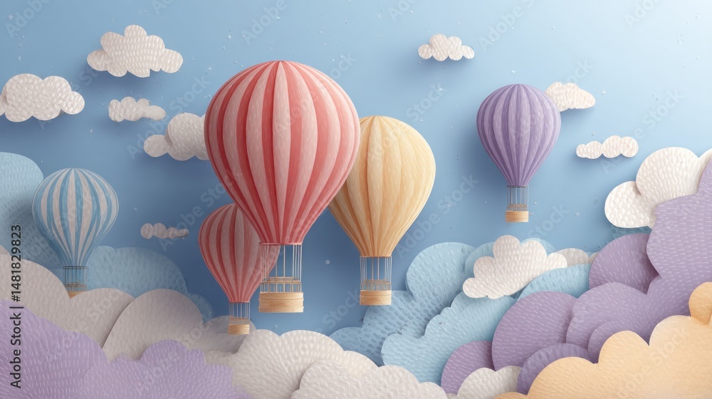 Obraz premium Colorful hot air balloons floating in a pastel sky filled with paper clouds