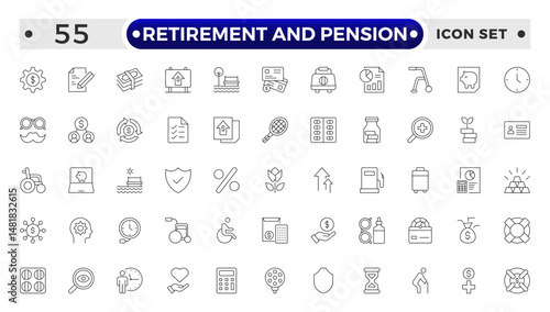 Retirement and pension outline icon set. Employee benefit stroke icons set. Related to teamwork, insurance, Bonus, pension, Security. Line icon collection.