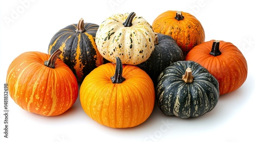 A collection of various pumpkins and gourds in different colors piled together on a white background
