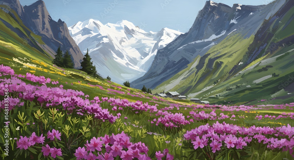 Obraz premium Mountain Valley Landscape with Flowers and Snow Capped Peaks