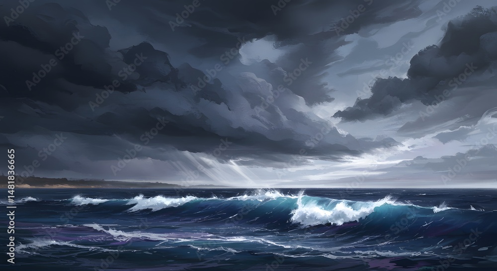 Fototapeta premium Ocean Waves Crashing Under Dramatic Stormy Sky
