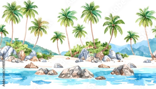 Tropical island watercolor illustration with palm trees and rocky shore, pastel color palette, seamless repeat