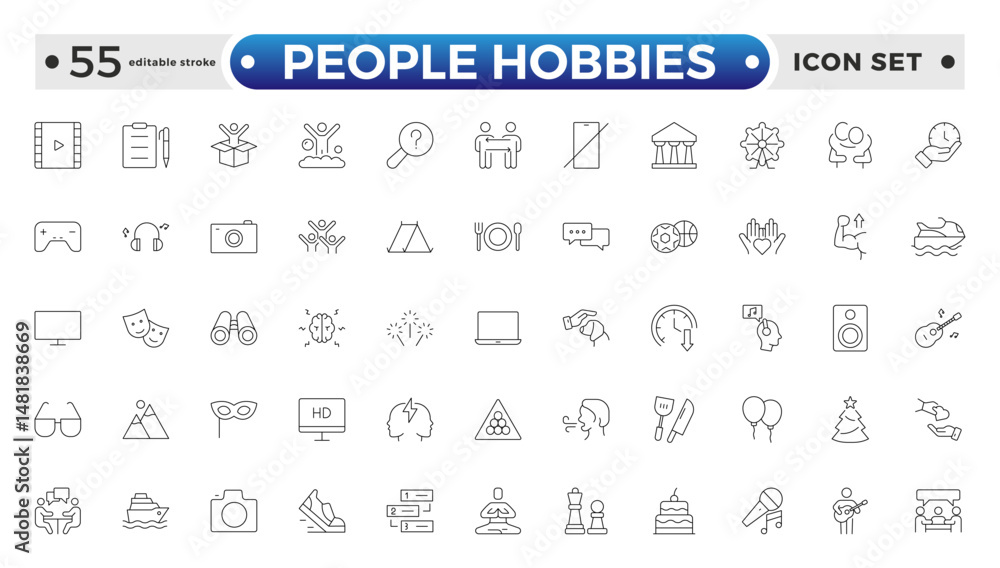 People Hobbies outline Icons set. Vector illustration in modern thin line style of human life-related icons: nutrition, entertainment, personal development, daily routine. Editable stroke outline icon People Hobbies outline Icons set. Vector illustration in modern thin line style of human life-related icons: nutrition, entertainment, personal development, daily routine. Editable stroke outline icon
