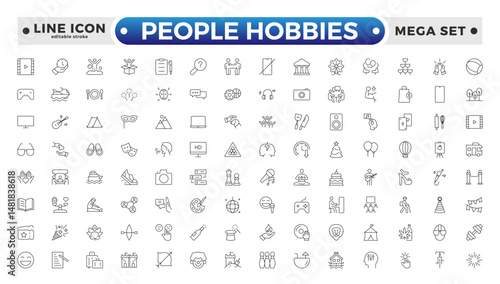 People Hobbies outline Icons set. Vector illustration in modern thin line style of human life-related icons: nutrition, entertainment, personal development, daily routine. Editable stroke outline icon
