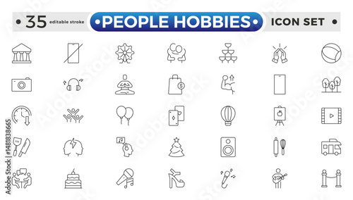 People Hobbies outline Icons set. Vector illustration in modern thin line style of human life-related icons: nutrition, entertainment, personal development, daily routine. Editable stroke outline icon