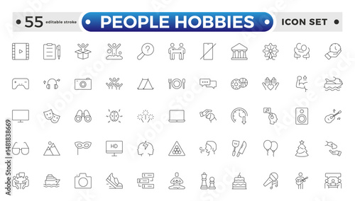 People Hobbies outline Icons set. Vector illustration in modern thin line style of human life-related icons: nutrition, entertainment, personal development, daily routine. Editable stroke outline icon