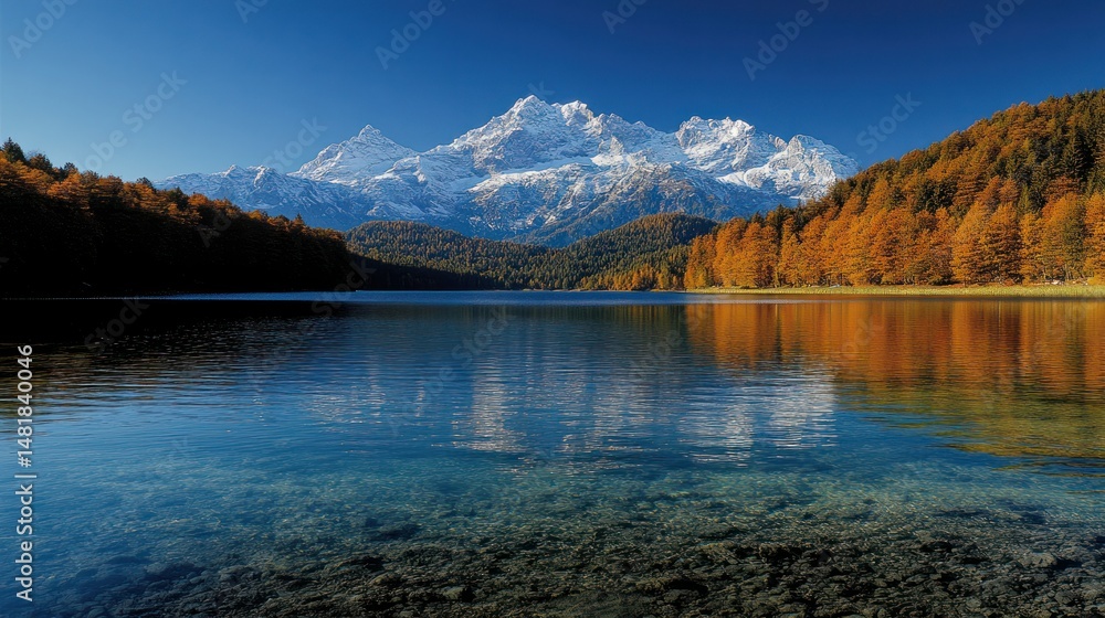 Fototapeta premium Serene alpine lake reflecting snow-capped peaks. Autumn foliage lines the shore