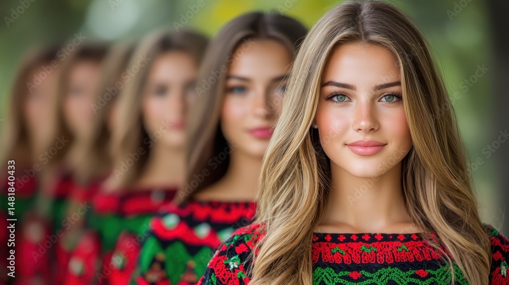Fototapeta premium Four Young Women in Red and Green Embroidered Tops