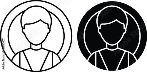 Simple vector graphics of a person silhouette inside a circular frame in two color schemes.