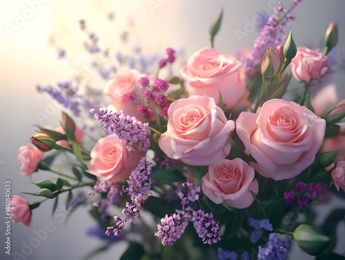 A bouquet with pink roses and purple flowers, similar to the second image but with a different composition.