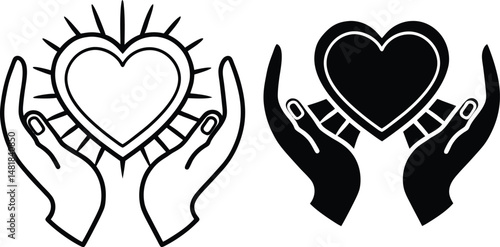 Two hand drawn illustrations of heart symbol held by hands in outlines and solid