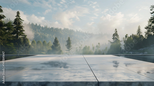 AI generated, Minimal modern concrete showroom background with scenic architecture and nature — ideal for EV car advertising or promotional text layout