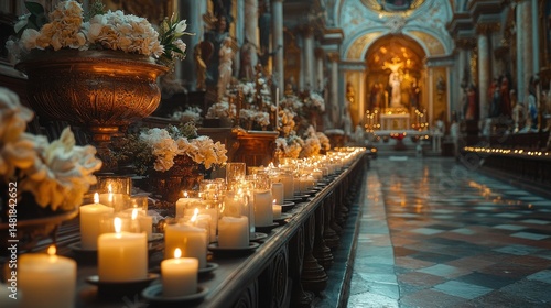 Ornate church interior with lit candles and floral arrangements.