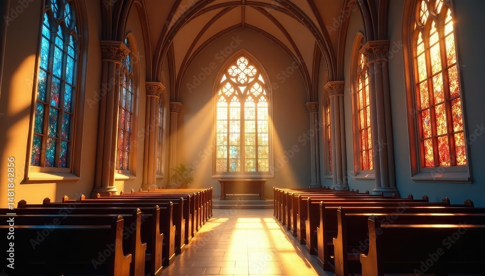 Fototapeta premium A peaceful church interior, sunlight streaming through stained-glass windows , cathedral, spirituality, god