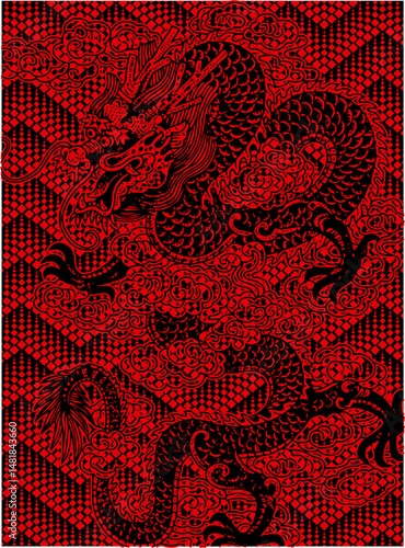 Crimson serpent dances amid patterned sky