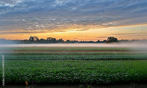 Misty sunrise over a tranquil farmland viewed from a rustic barn doorway